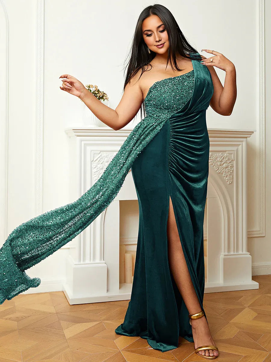 Elegant Mermaid One Shoulder Sleeveless Backless Sweep/Brush Train Plus Size Prom Dress